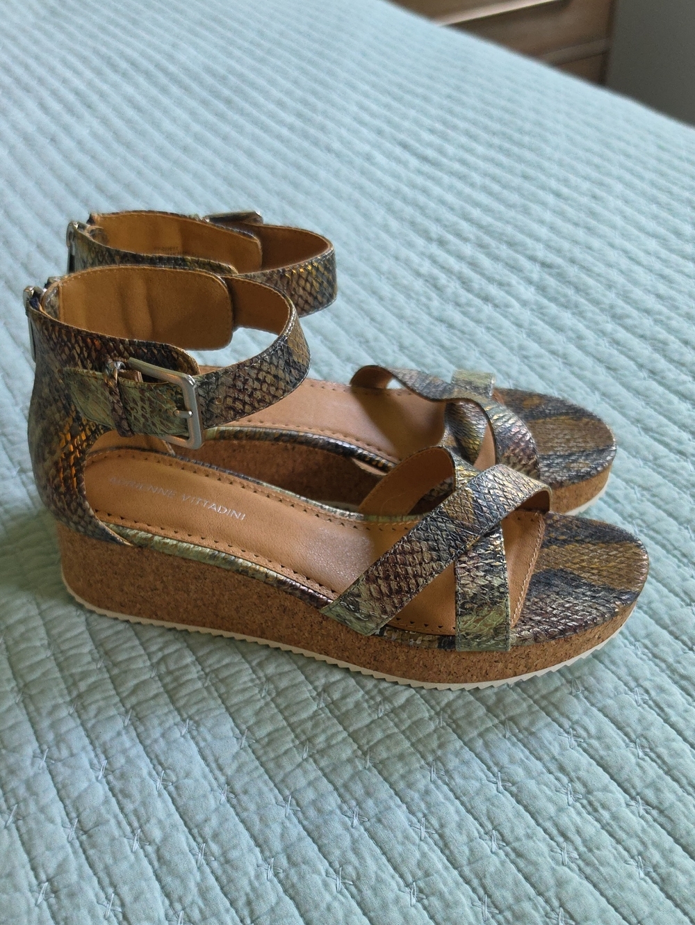 Adrienne Vittadini - Metallic Snake-Print Wedge Sandals 8.5